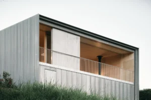 Modern zinc-clad house with a warm timber-lined balcony, white railing, and tall grasses in the foreground