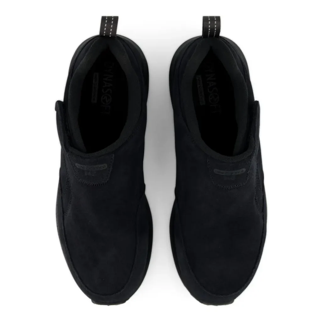 Pair of black New Balance slip-on sneakers viewed from above on a white background, with pull tabs and cushioned collars