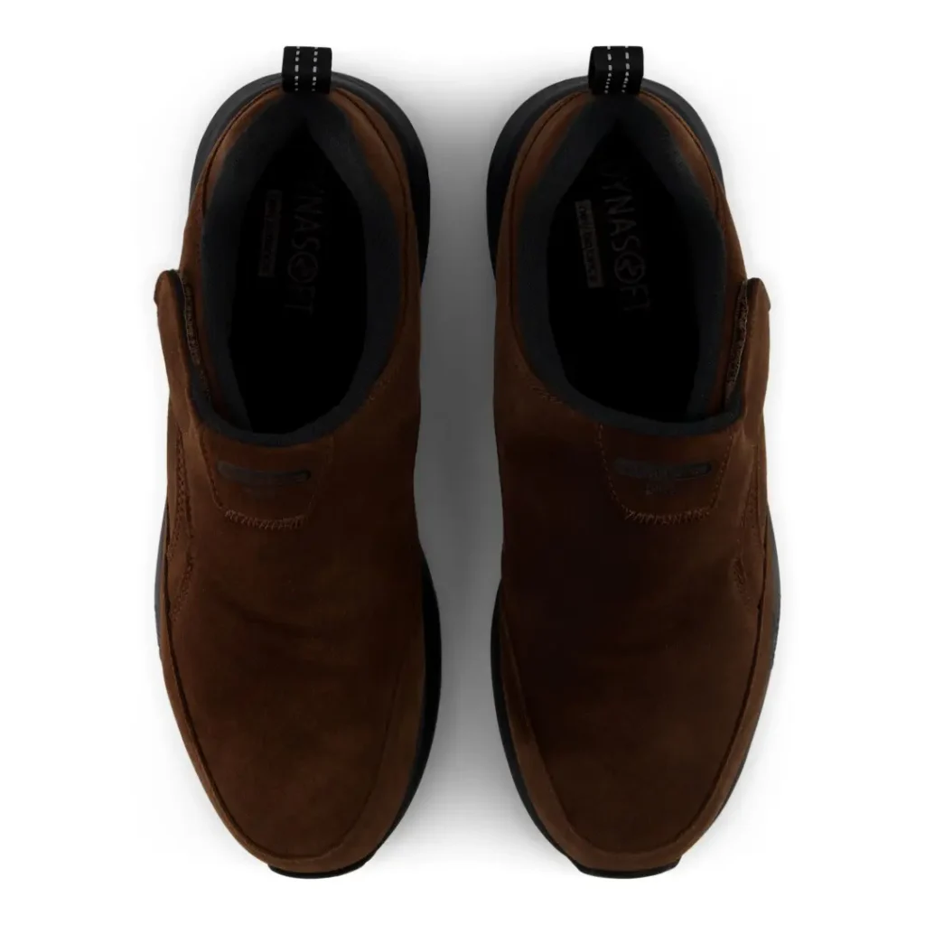 Pair of brown leather slip-on shoes shown from above, with black collars, insoles, soles, and heel pull tabs