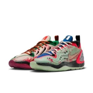 Pair of Nike basketball shoes with mint-green, pink-splattered uppers, contrasting red, blue and green panels, and