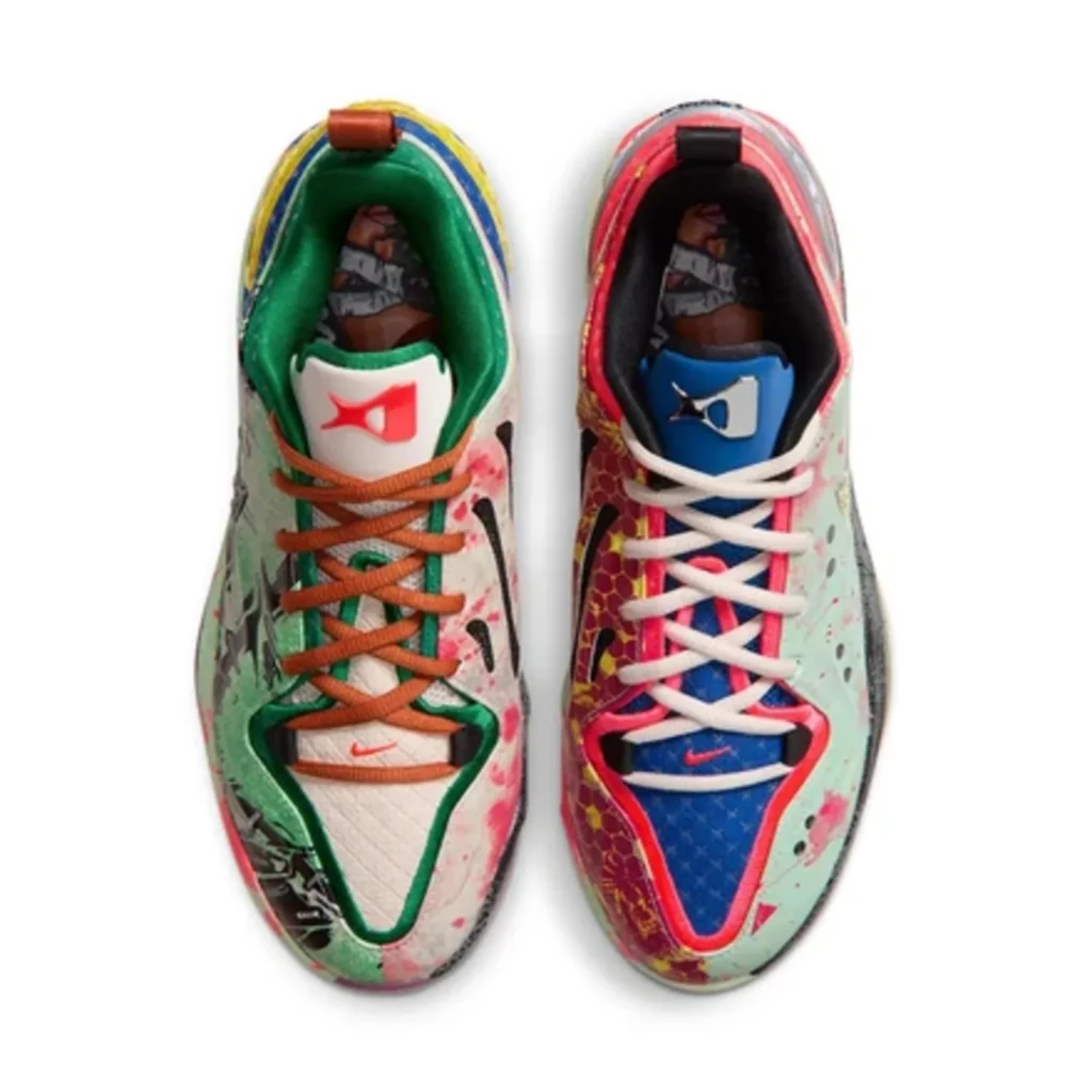Mismatched basketball shoes shown from above, with green and orange accents on one and blue, red, and white on the other