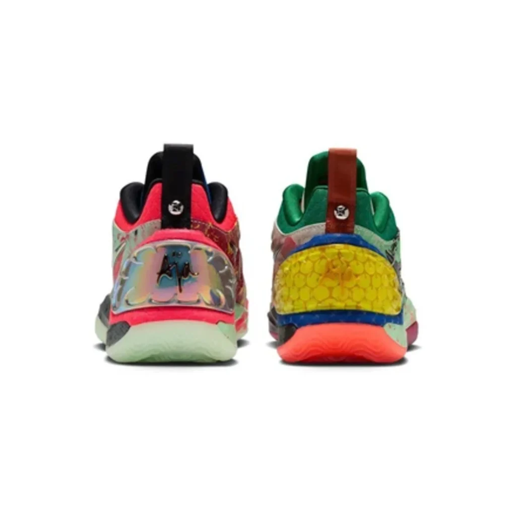 Rear view of mismatched Nike A’Two sneakers, one red and black, the other green and brown, on a white background