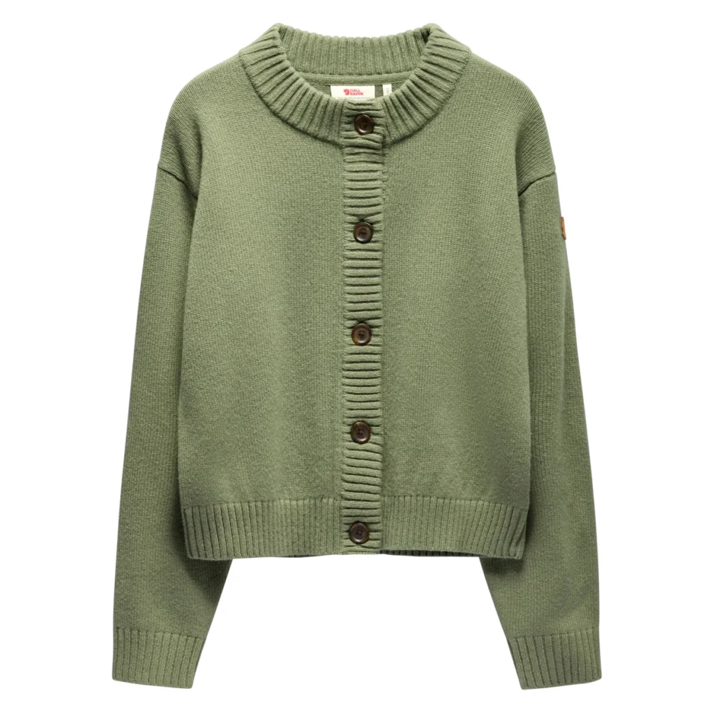 Green knitted cardigan with ribbed collar, button placket, hem and cuffs, displayed against a white background