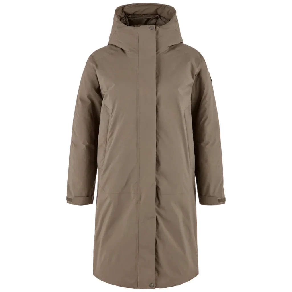 Taupe hooded padded parka with long sleeves, concealed front closure, and curved hem on a white background