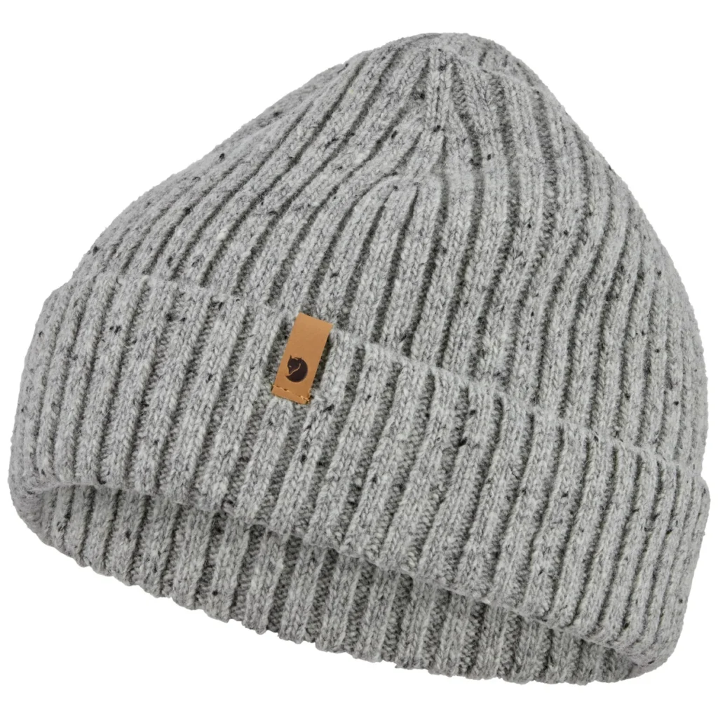 Gray ribbed knit beanie with folded cuff and small brown logo tag