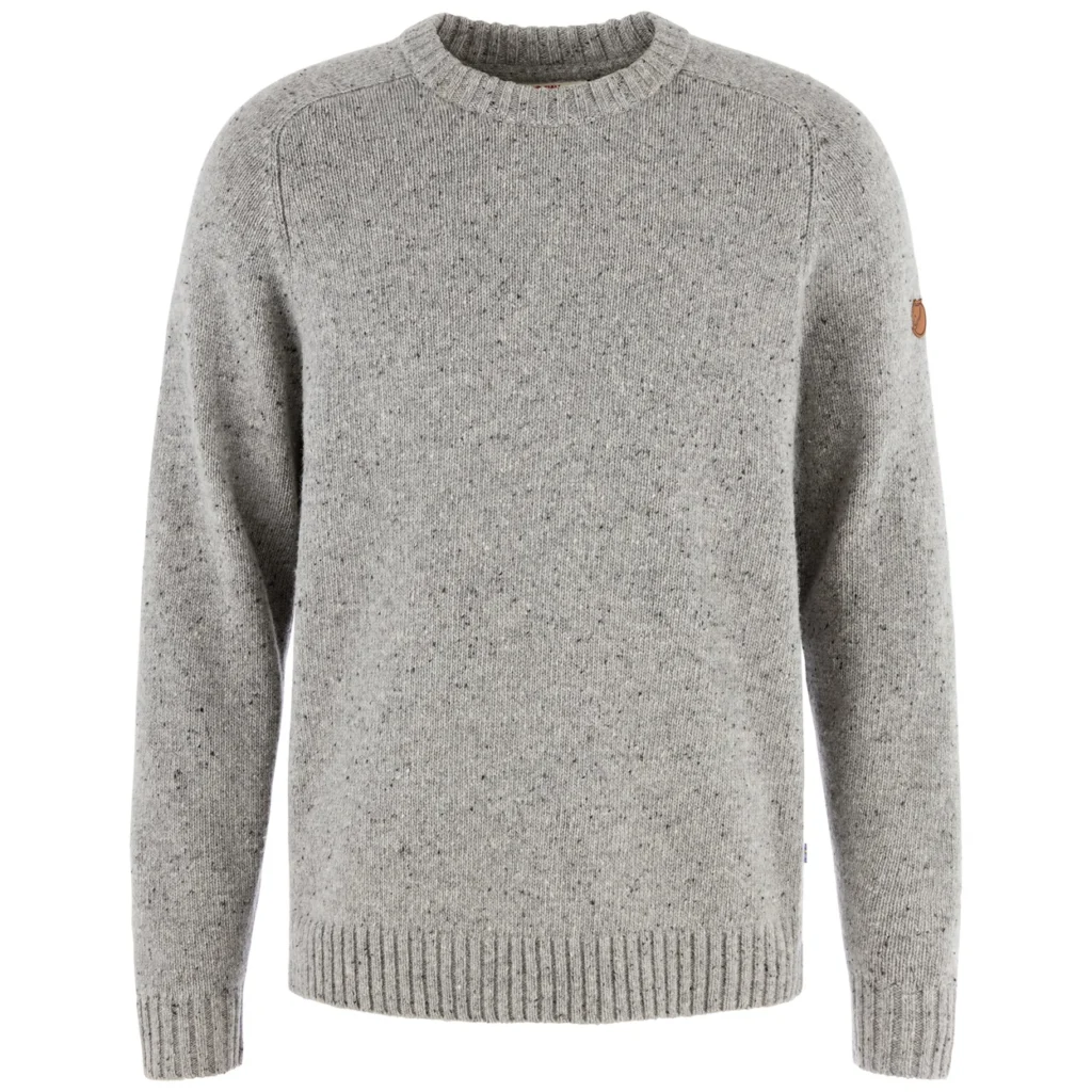 Gray crew-neck knit sweater with long sleeves and ribbed cuffs and hem