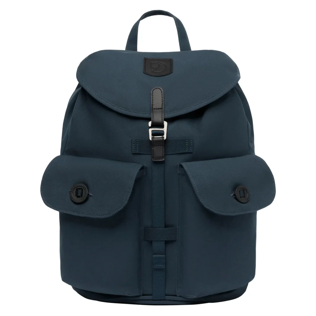 Dark blue backpack with a flap, two buttoned front pockets, central buckle strap, and top handle