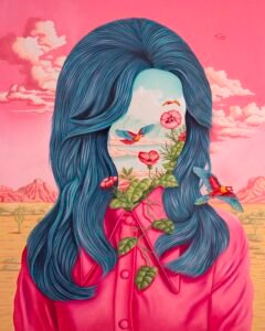 Surreal portrait of a faceless figure with long blue hair, pink coat, flowers and parrots against a desert landscape