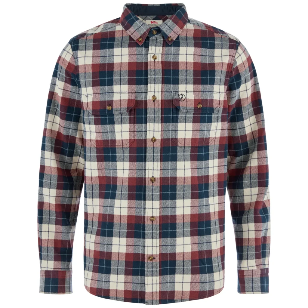 Long-sleeved red, navy, and cream plaid flannel shirt with button closure, pointed collar, and two chest pockets