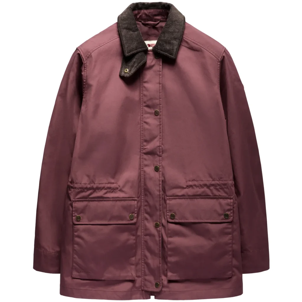 Burgundy jacket with dark brown corduroy collar, button front, and four flap pockets against a white background