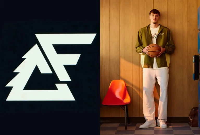 Split image showing a white angular logo and a basketball player holding a ball in an olive jacket and white pants beside a