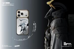 Silver smartphone in an illustrated case beside a dark futuristic armored figure on a black-to-gray background