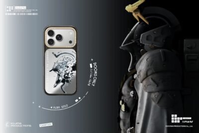 Silver smartphone in an illustrated case beside a dark futuristic armored figure on a black-to-gray background