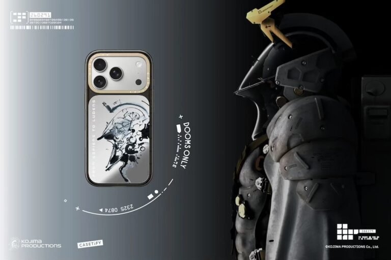 Silver smartphone in an illustrated case beside a dark futuristic armored figure on a black-to-gray background