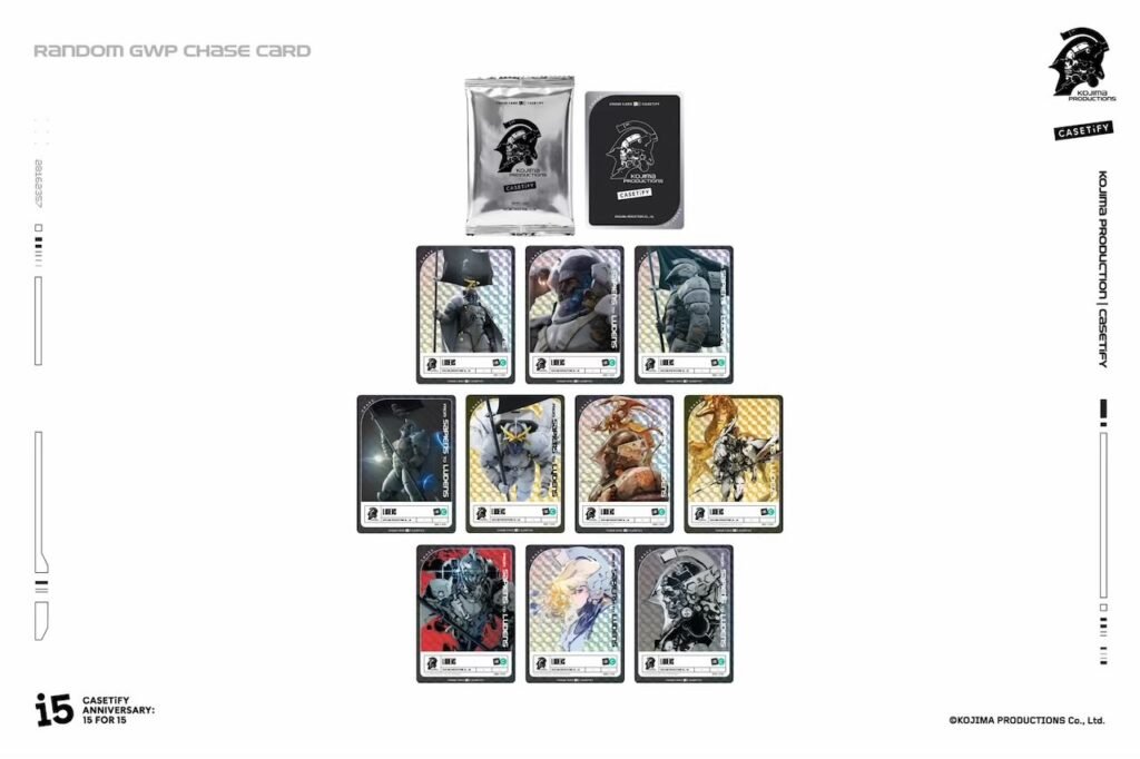 A display of 10 show character cards, a silver foil pack, and a black card arranged on a white background