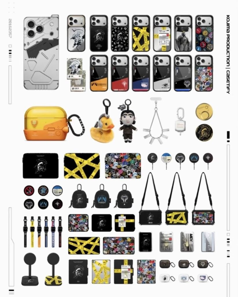Product layout showing aluminum smartphone cases and accessories in black, yellow, gray, and multicolored designs