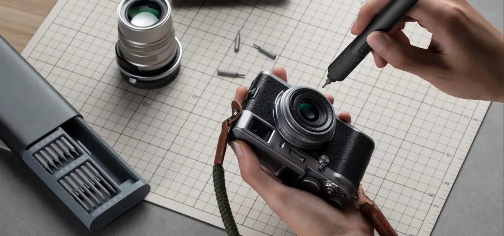 Hand uses a black precision screwdriver on a vintage-style camera beside a bit case and spare lens on a gridded mat