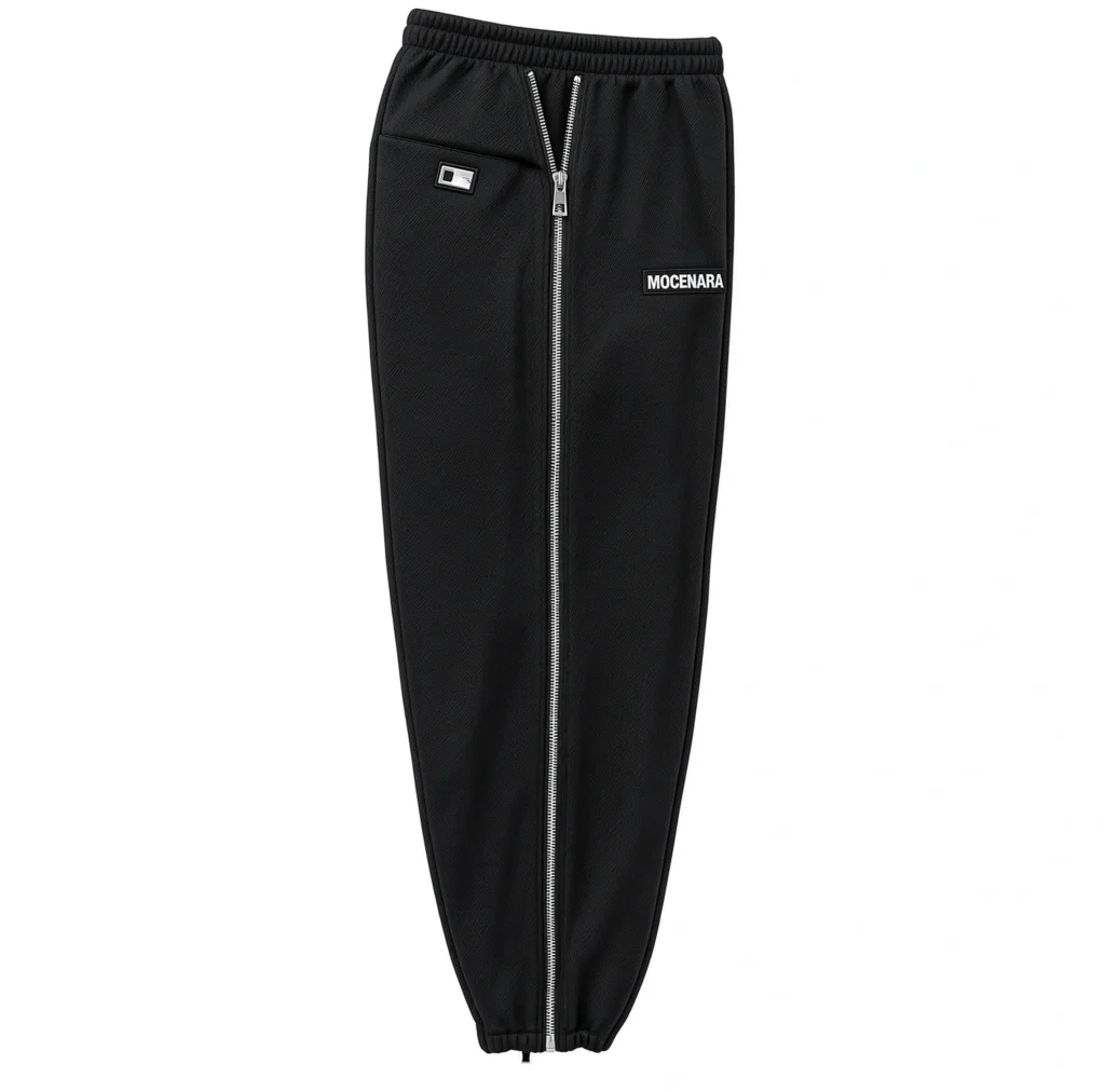 Black track pants with a full-length silver zipper, elastic waistband and cuffs, and MOCENARA label on white background