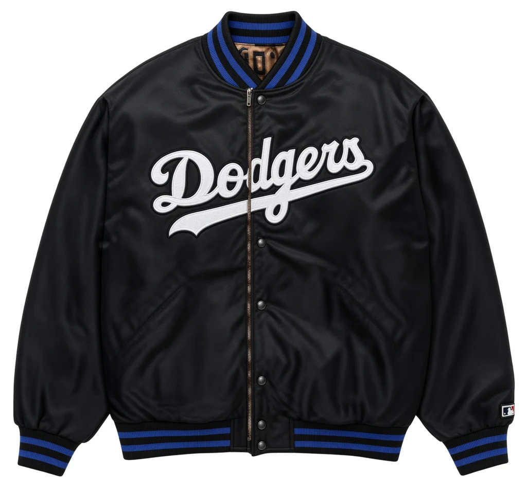 Black satin Dodgers baseball jacket with white script lettering and blue-striped ribbed collar, cuffs and waistband on white